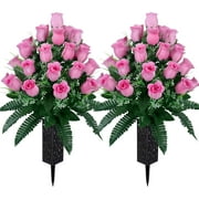 Sets Artificial Cemetery Flowers,Outdoor Grave Decorations Roses,Beautiful Arrangements Bouquet with Cemetery Vase,Lasting and Non-Bleed Colors (Light Pink)